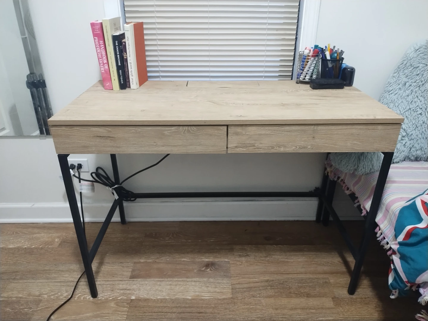 Wood Desk with drawers and Built-in Power Outlet