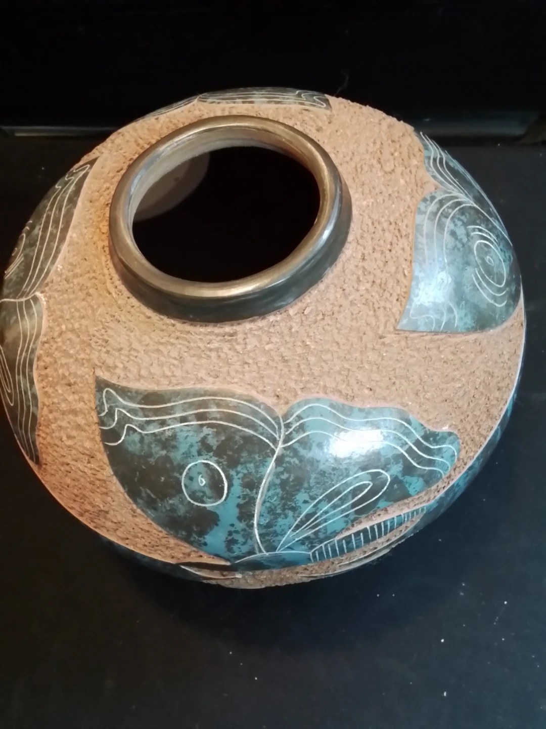 Hand Carved Nicaraguan Folk Art Pottery Vase Signed 9x7"