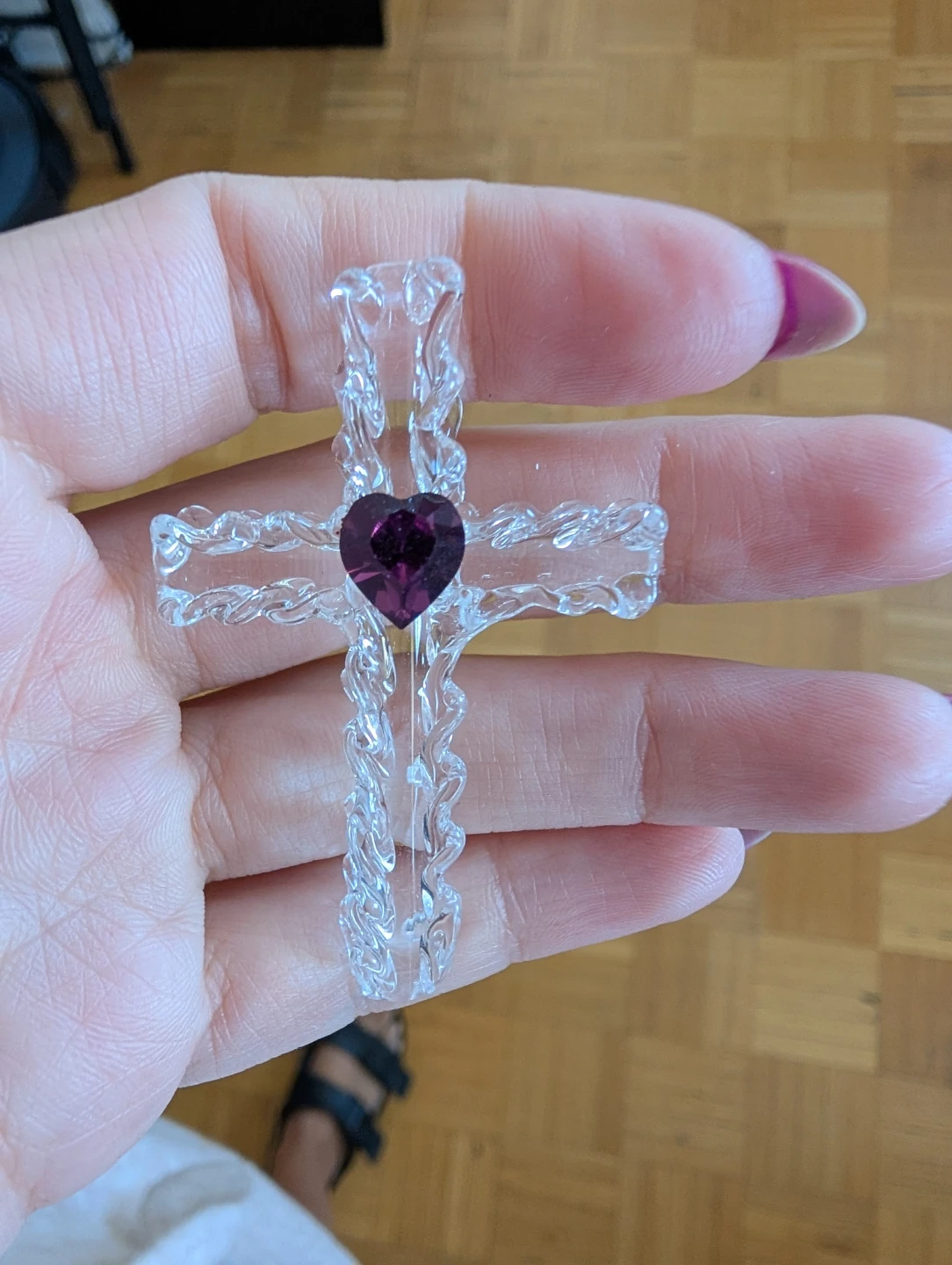 Clear Acrylic Cross with Purple Heart Gem