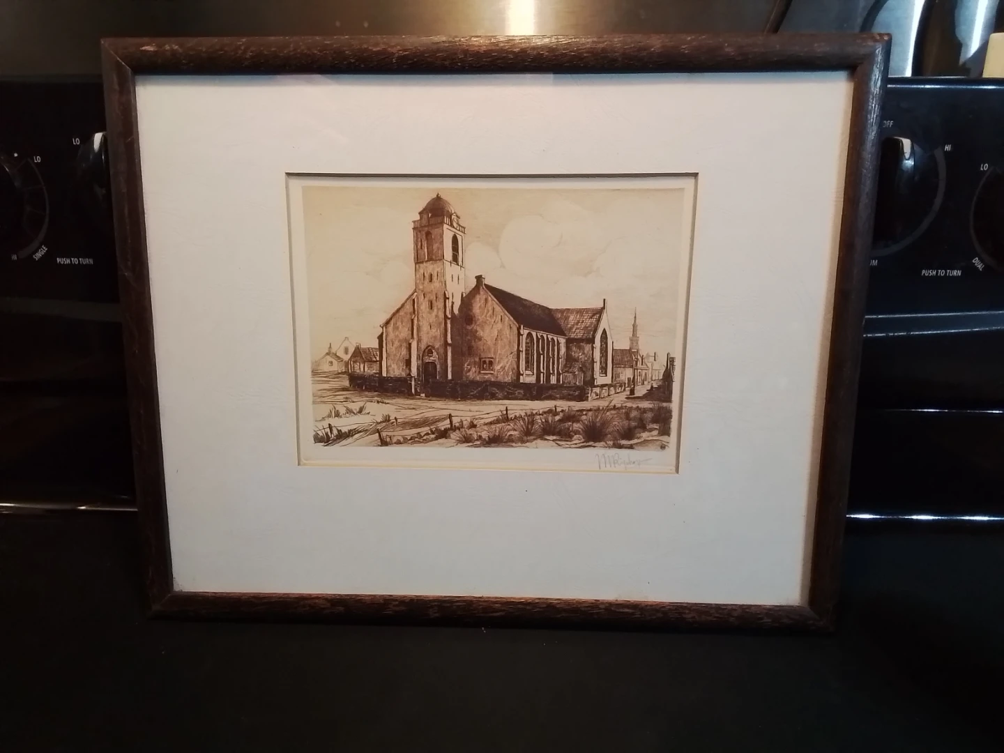 Antique Framed Signed Church Art Print 14.75x11.75"