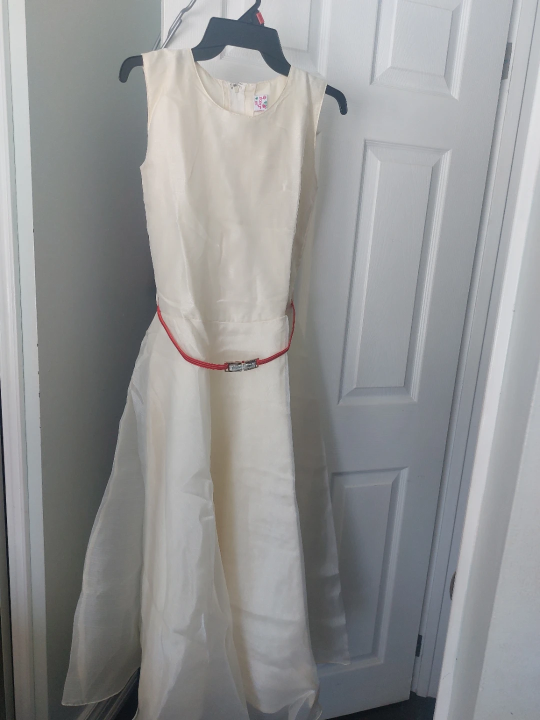 Cream Dress with Floral Overlay and Red Belt - photo 4