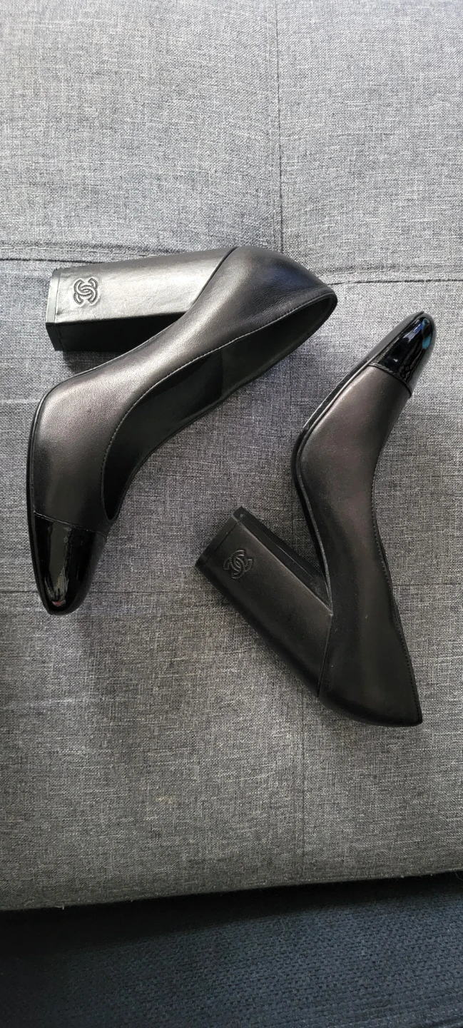 Chanel Black Leather Cap Toe Block Heels