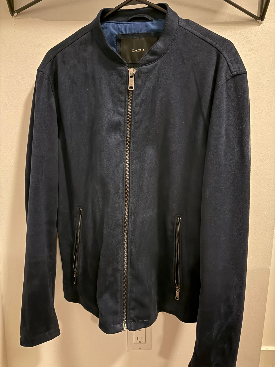Zara Men's Blue Suede Bomber Jacket - Size M
