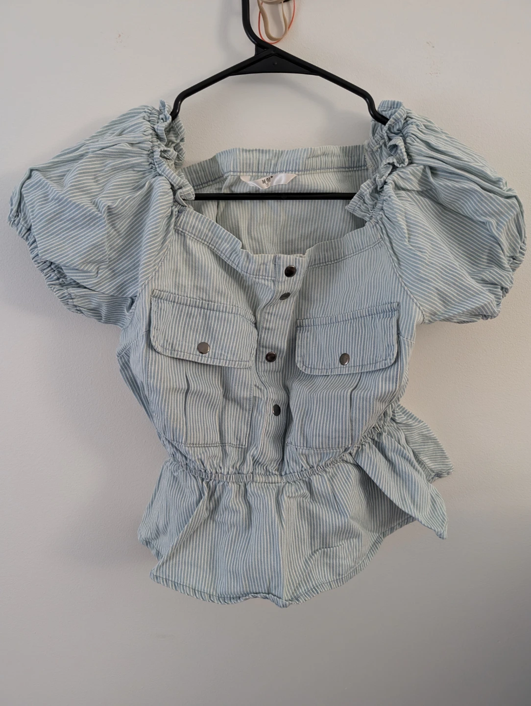 Striped Puff Sleeve Peplum Top Korean Design Office Top