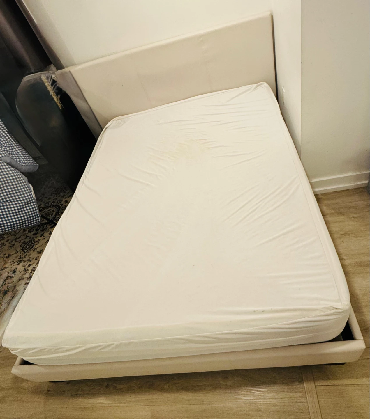Queen White Bed Frame + Queen Mattress + Comforter + Bed sheets