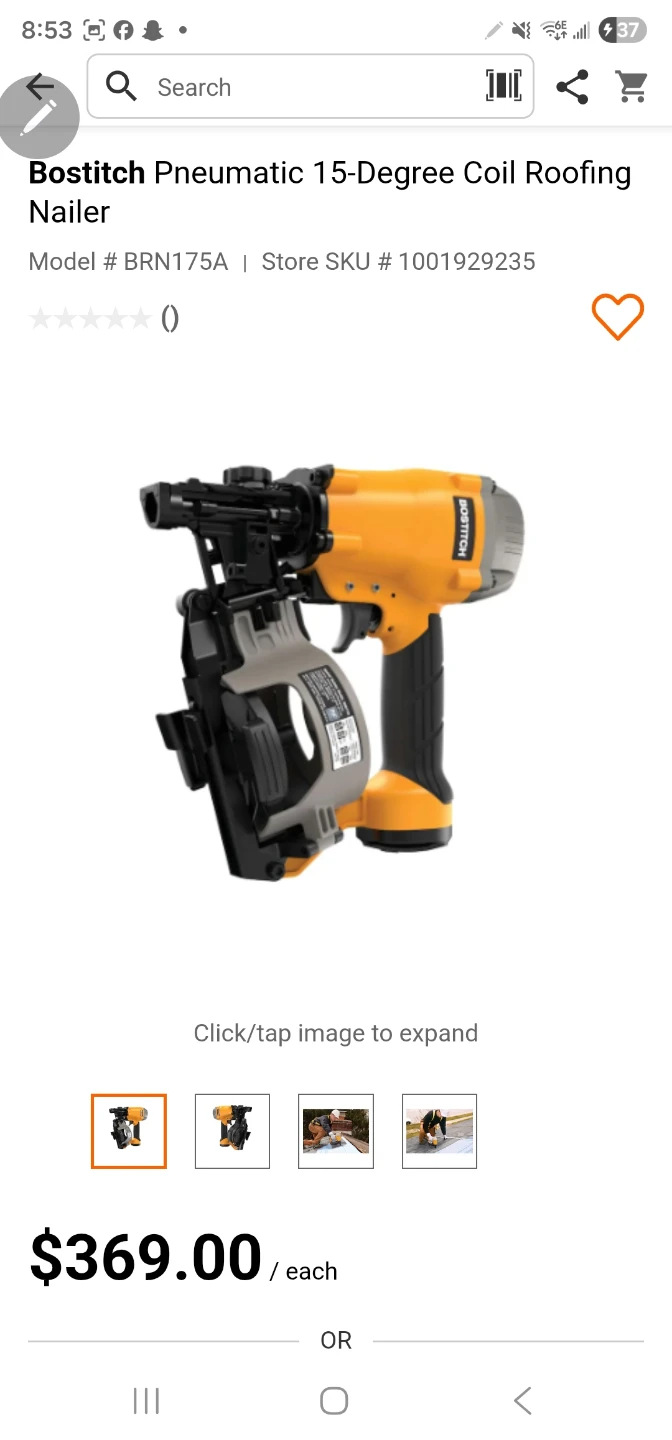 Bostitch BRN175A Pneumatic Coil Roofing Nailer