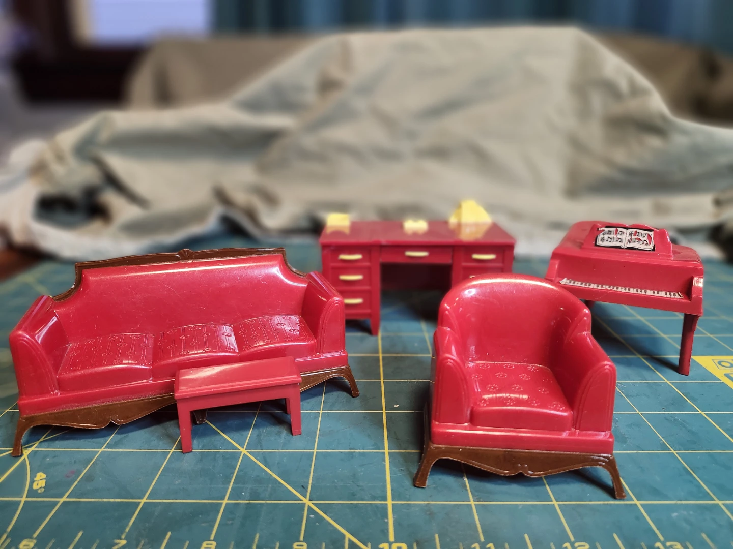 Vintage Red Dollhouse Furniture Set - Desk, Sofa, Piano, Chair