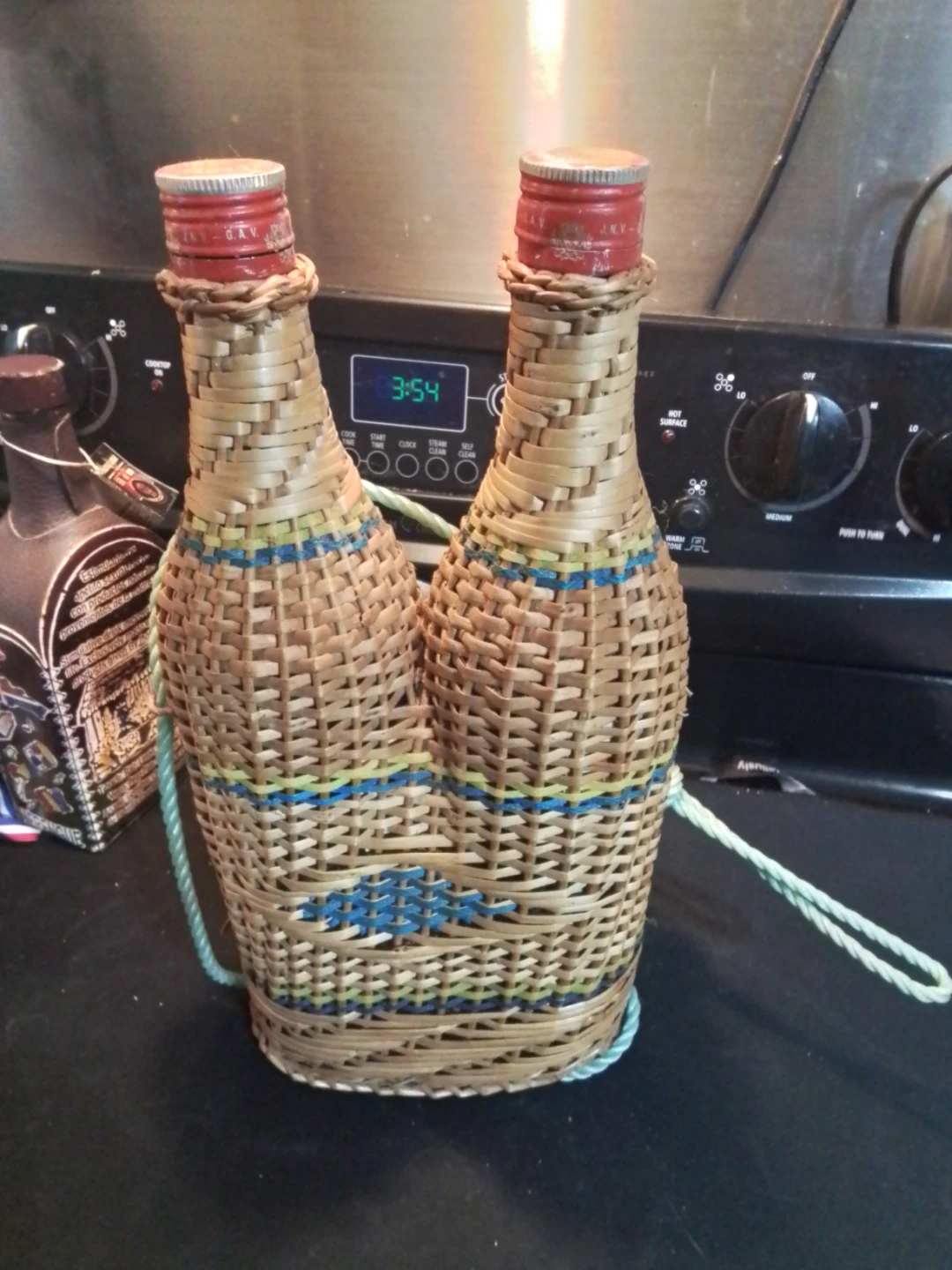 Double Wine Bottles Decanter Wrapped in Rattan 15"