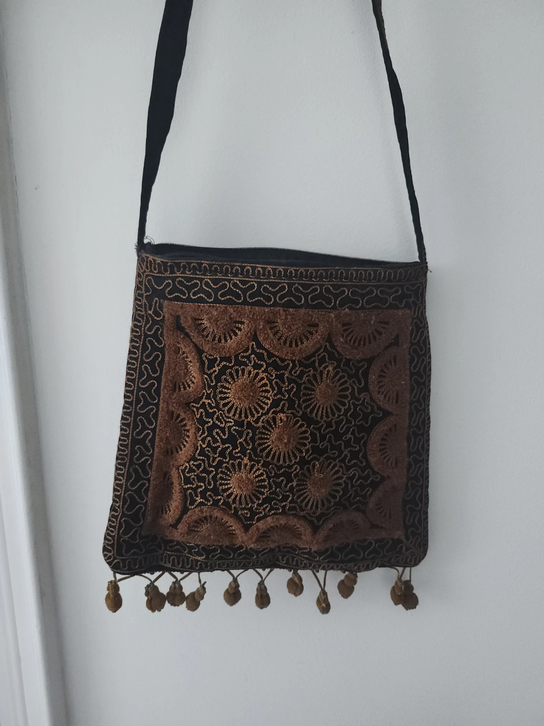 Embroidered Shoulder Bag with Tassels