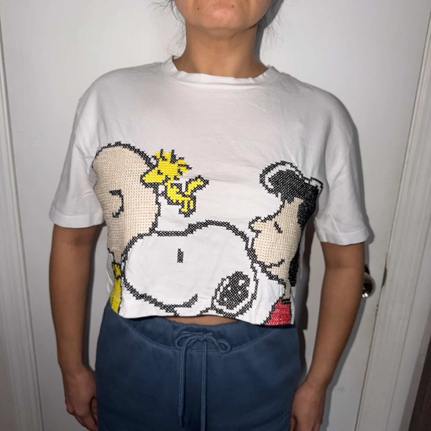 ZARA PEANUTS shirt small women’s cross stitch embroidery snoopy