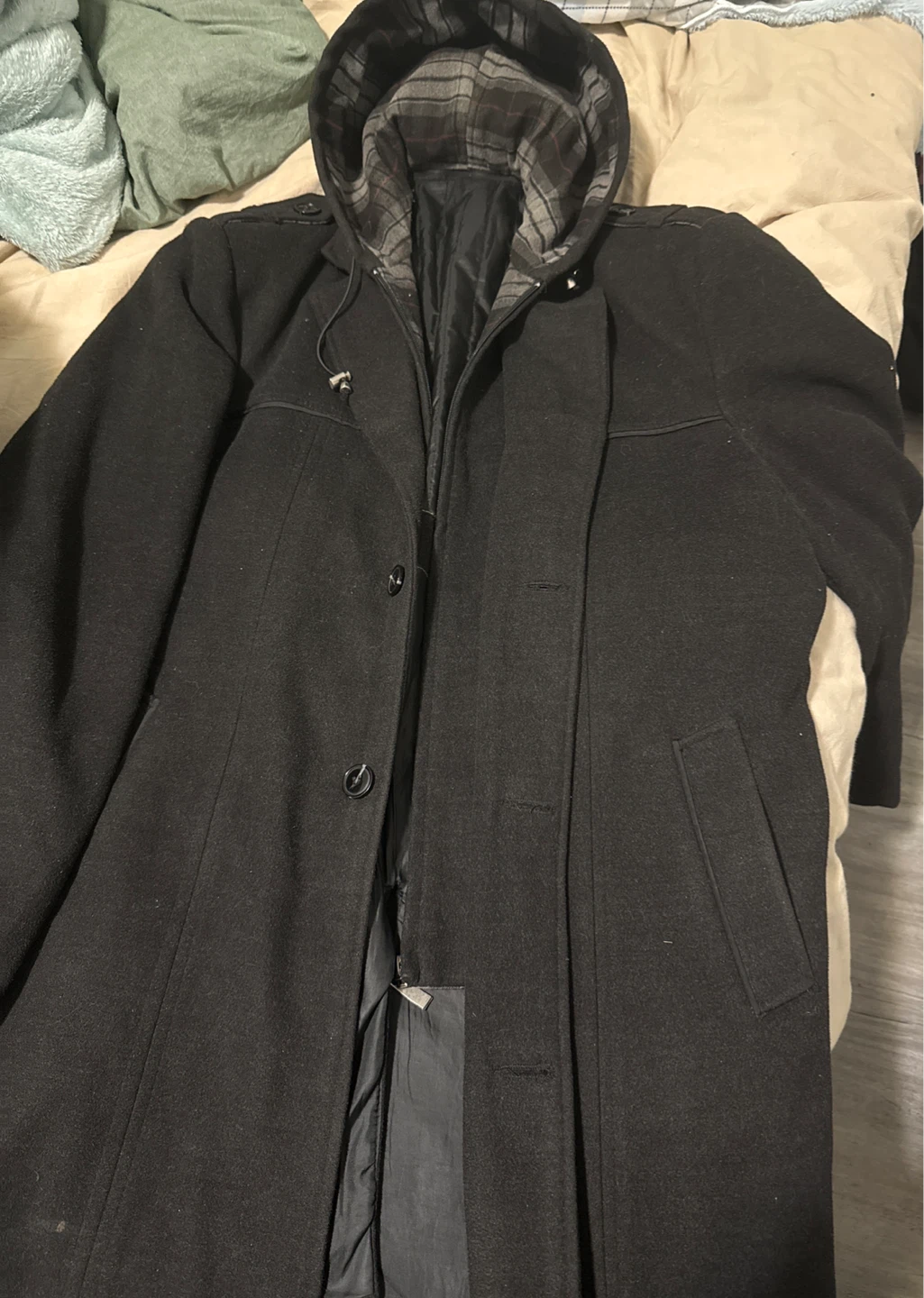 Black Hooded Wool Coat