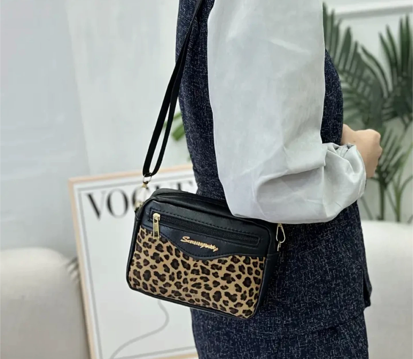 New! Black Leopard Print Crossbody Bag
