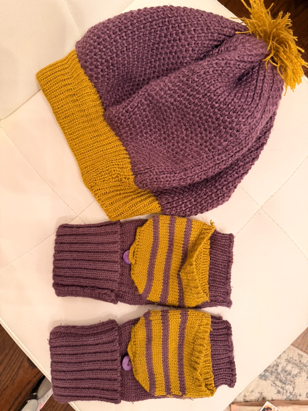 Purple & Mustard Wool Hat and Mitten Set