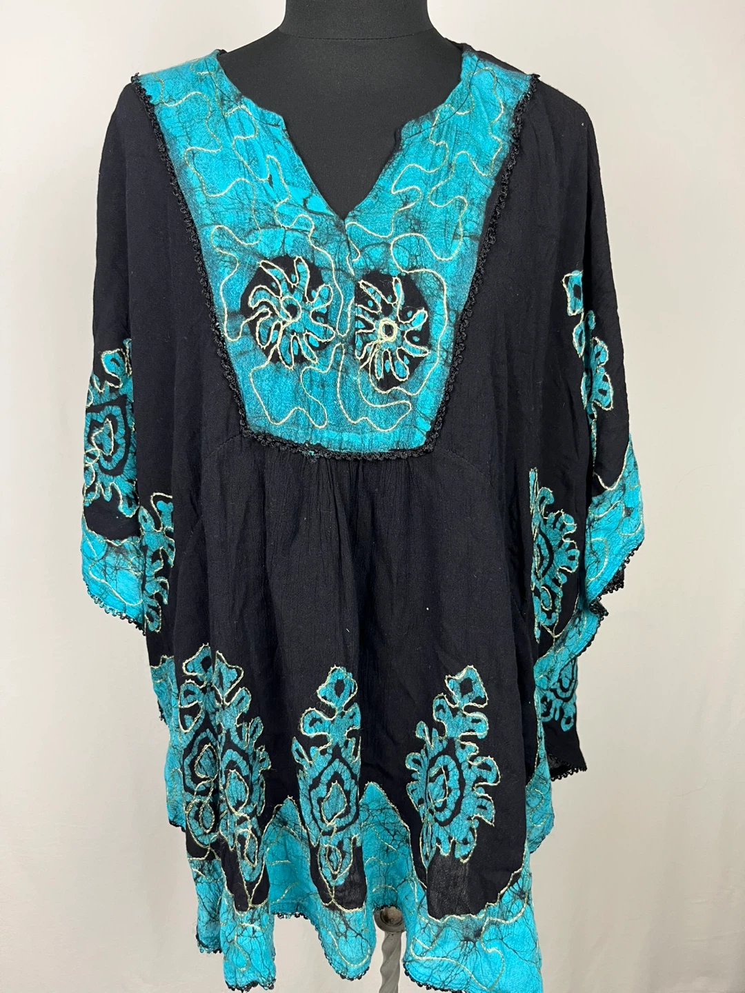 Boho Black & Turquoise Tunic Top Size M/L