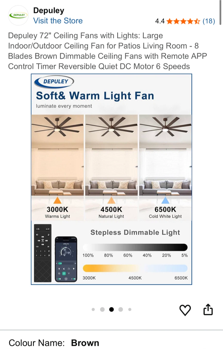 Depuley 72" Brown Ceiling Fan w/ Lights & Remote - photo 5