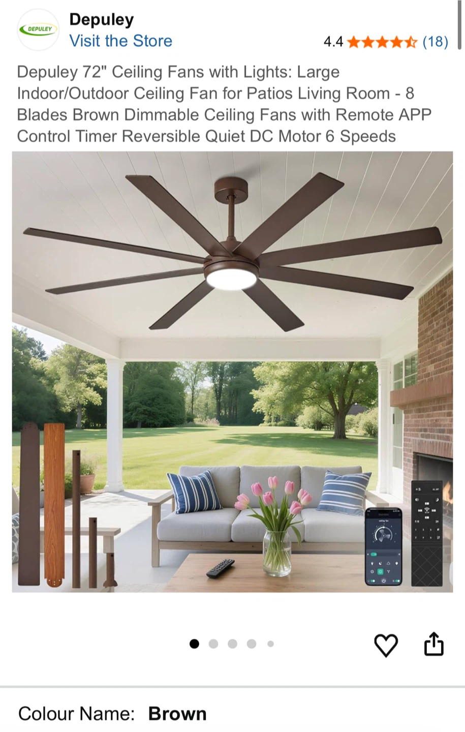 Depuley 72" Brown Ceiling Fan w/ Lights & Remote