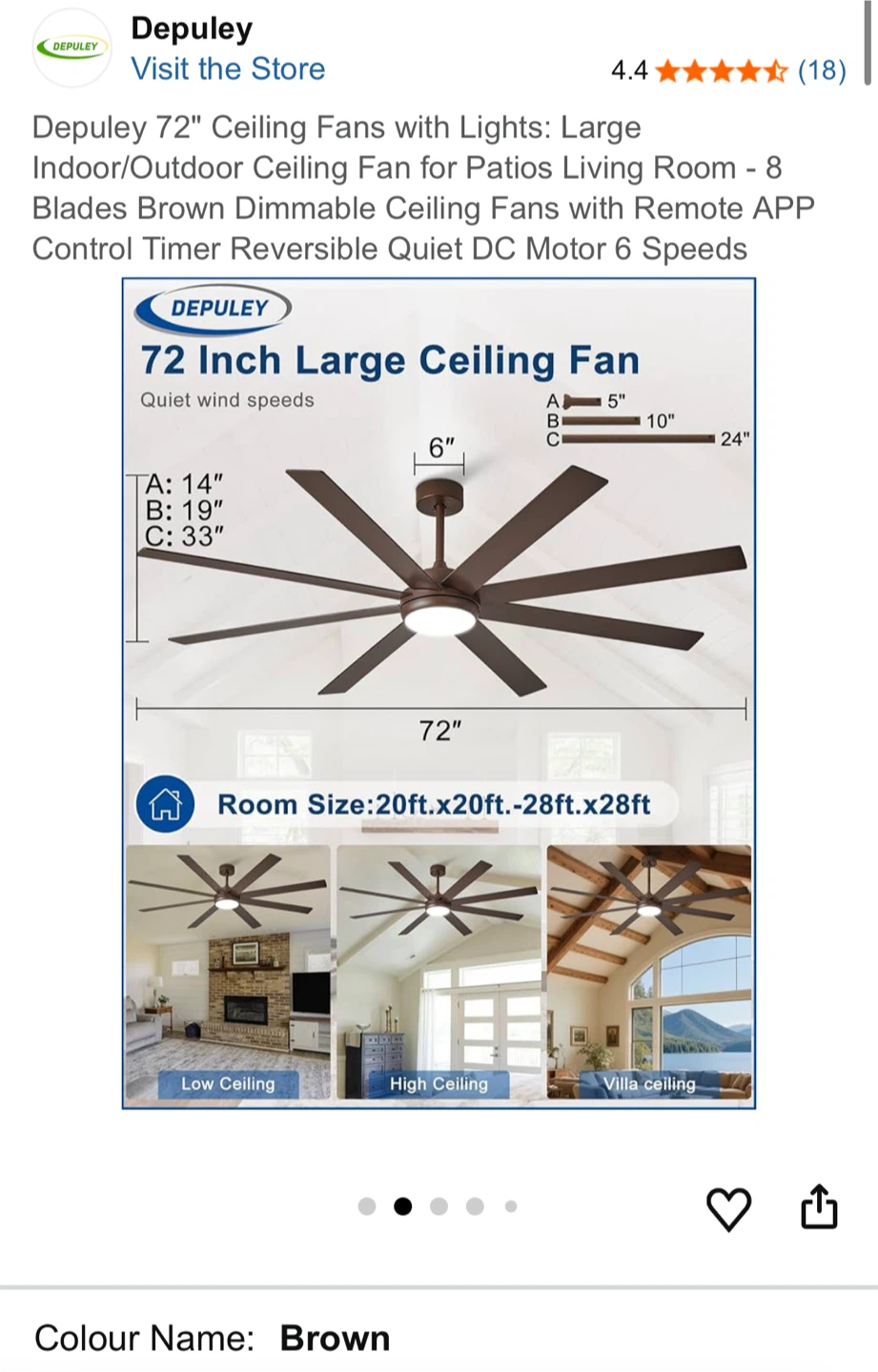 Depuley 72" Brown Ceiling Fan w/ Lights & Remote - photo 2