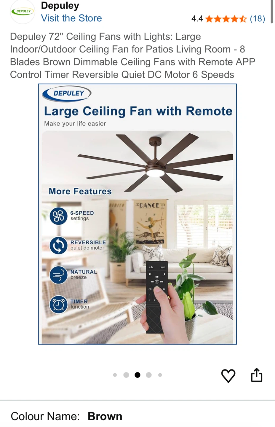 Depuley 72" Brown Ceiling Fan w/ Lights & Remote - photo 4
