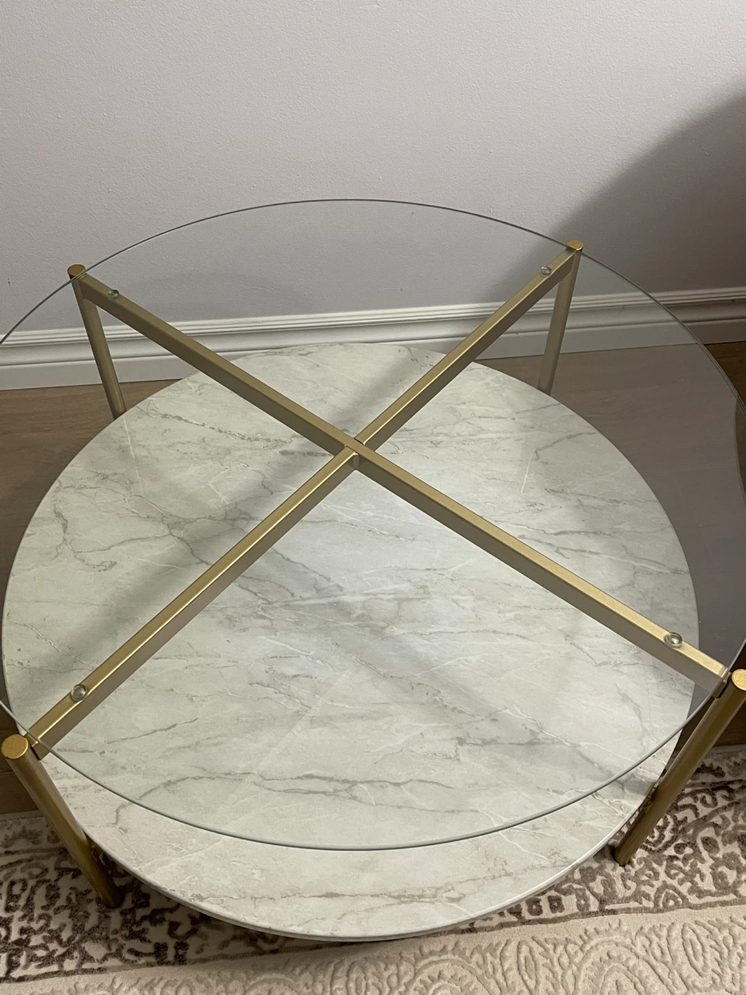 Round Glass Coffee Table with Marble Shelf - photo 3