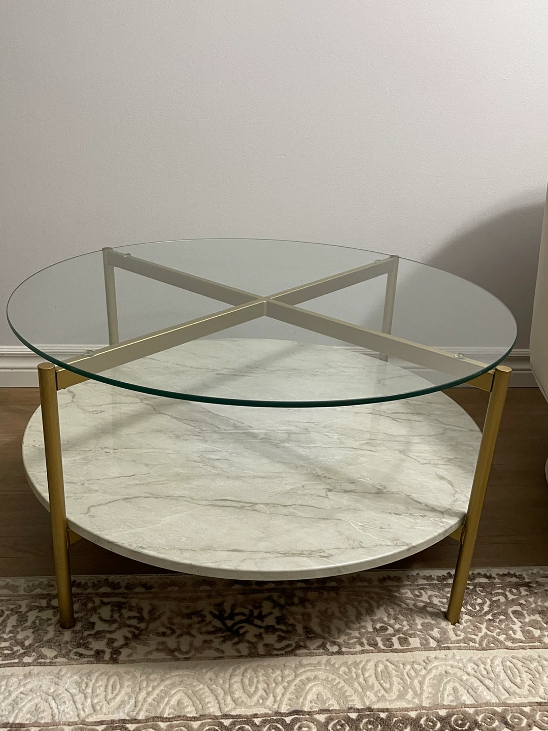 Round Glass Coffee Table with Marble Shelf - photo 2