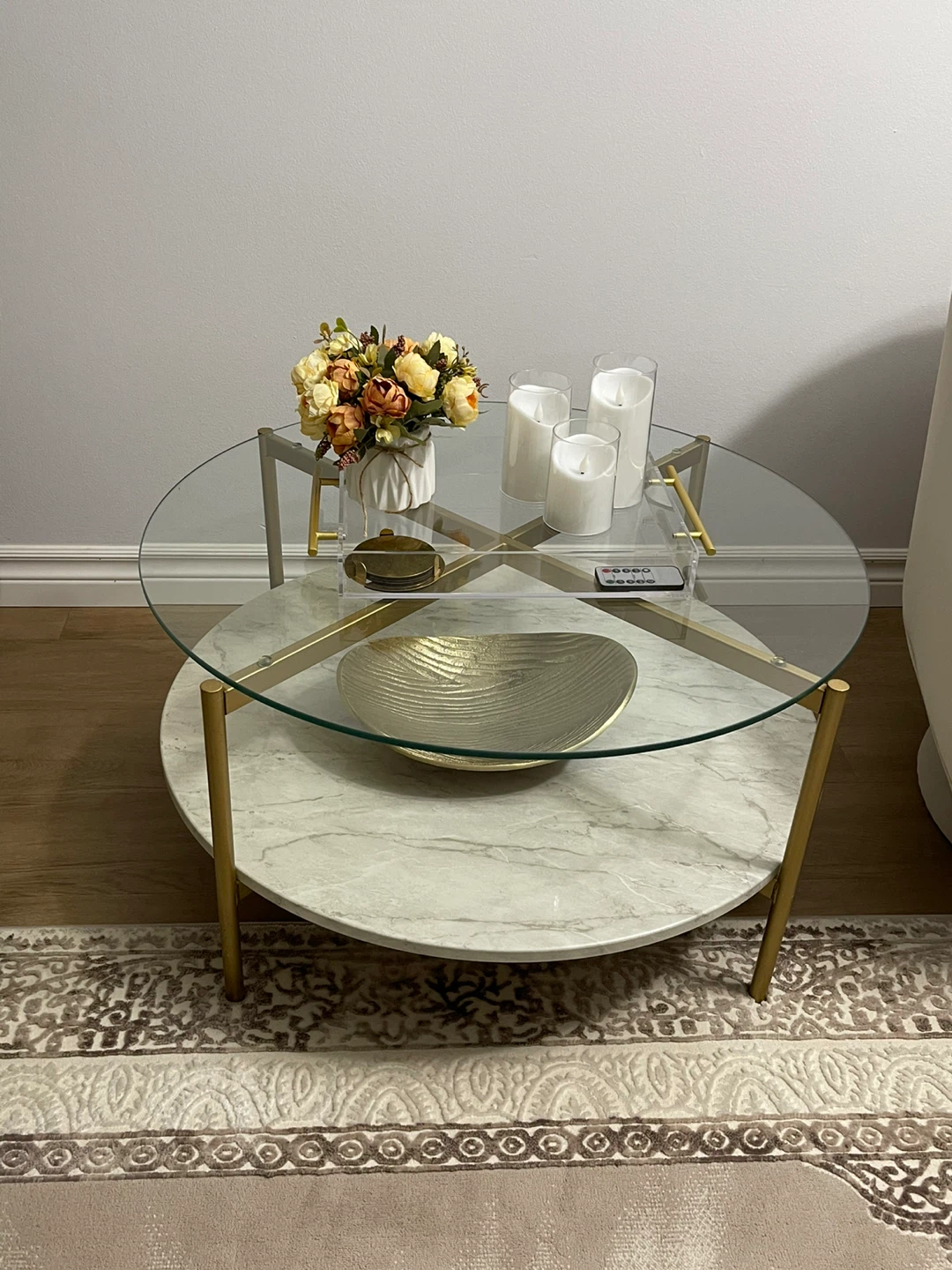 Round Glass Coffee Table with Marble Shelf