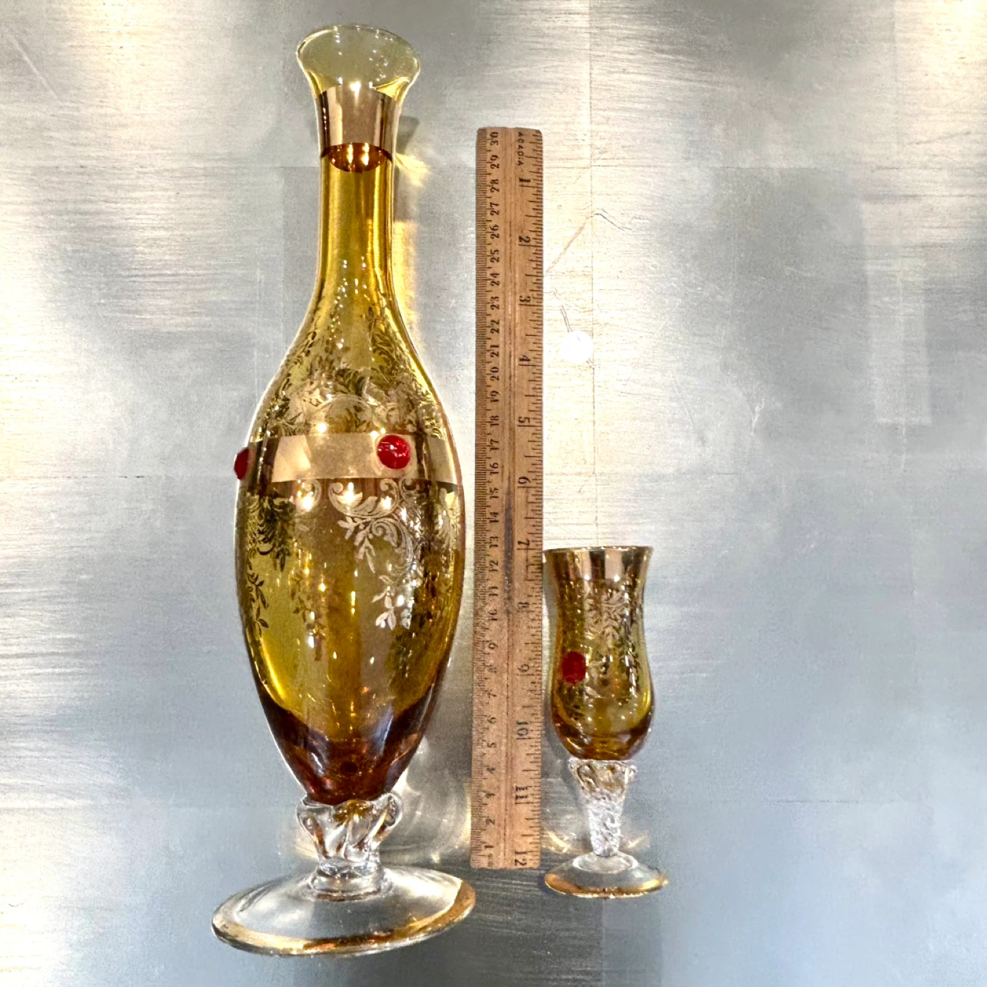 Vintage Bohemian Gilt Glass Decanter & 3 Cordial Glasses - photo 5