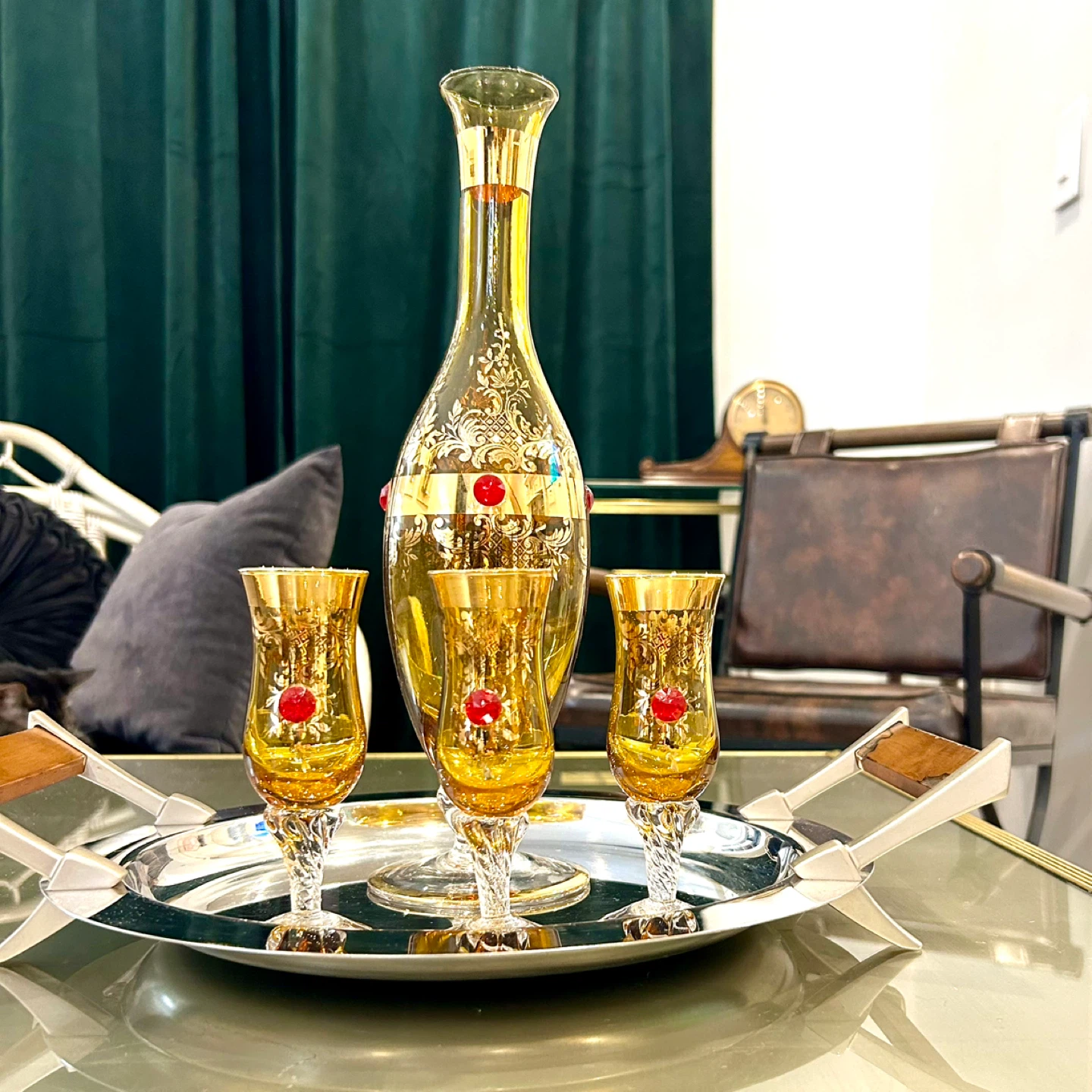 Vintage Bohemian Gilt Glass Decanter & 3 Cordial Glasses