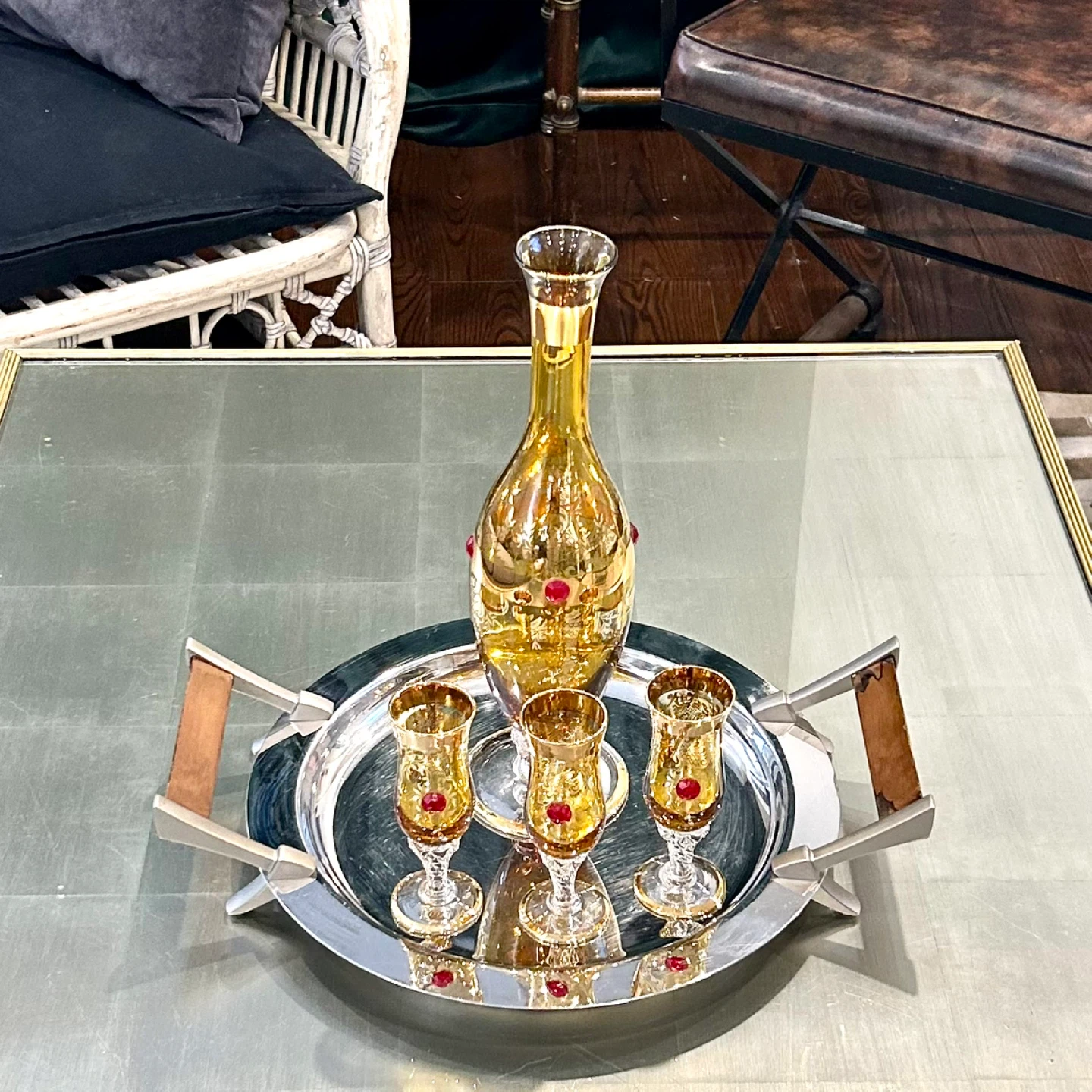 Vintage Bohemian Gilt Glass Decanter & 3 Cordial Glasses - photo 2
