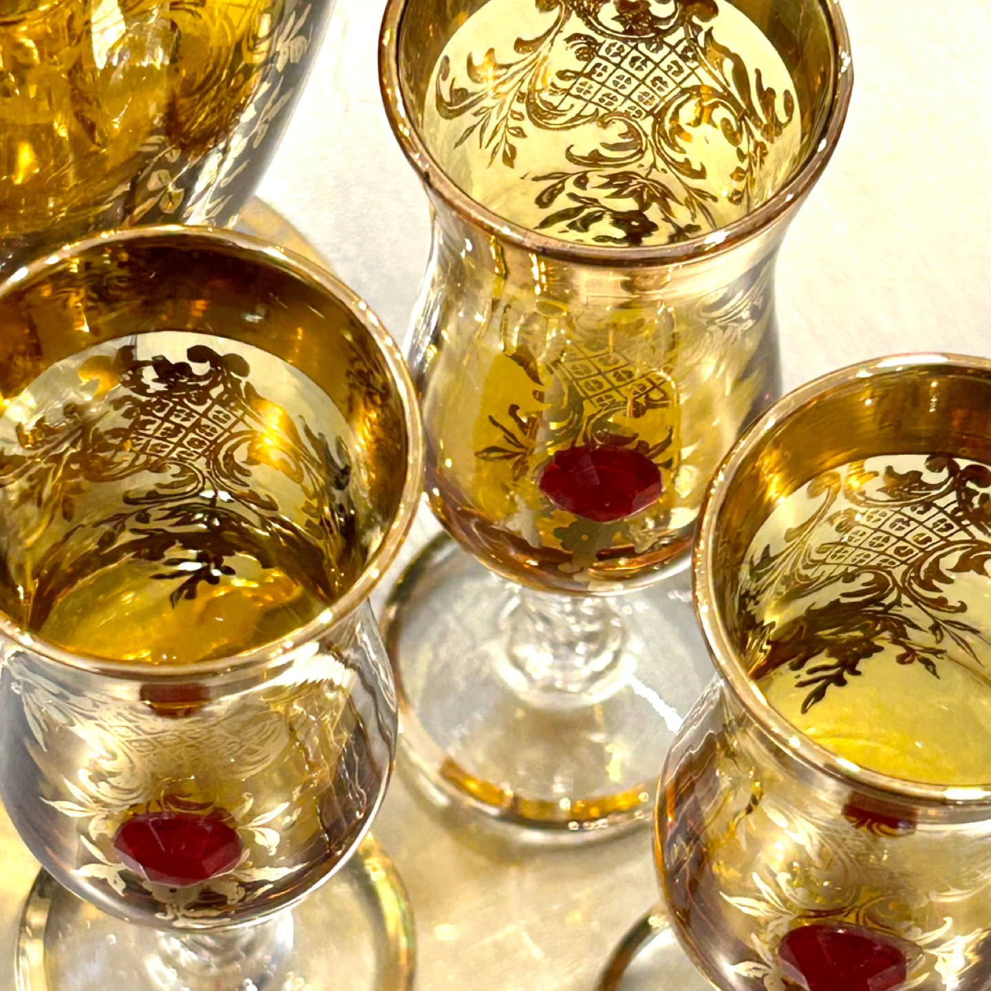 Vintage Bohemian Gilt Glass Decanter & 3 Cordial Glasses - photo 3