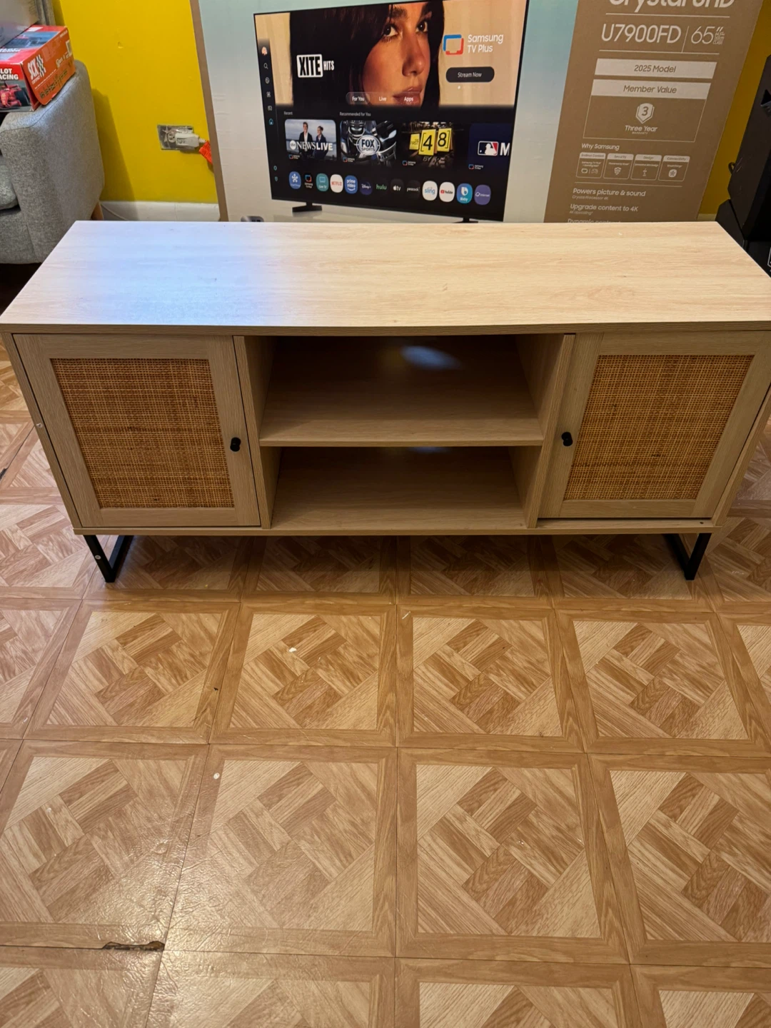 Wood TV Stand with Rattan Doors
