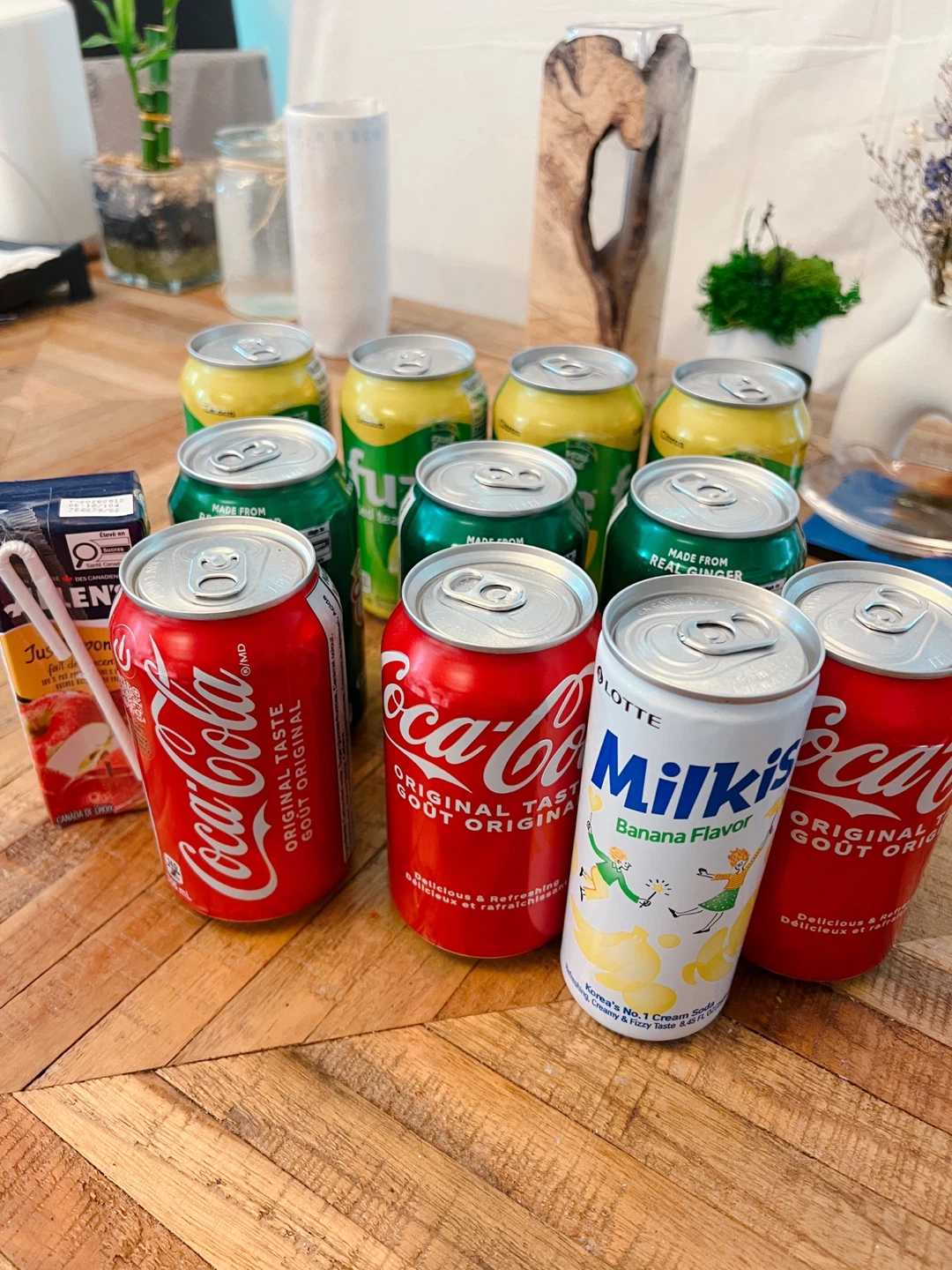Coke, Fuze Iced Tea, Milkis, Canada Dry Cans&Allen's Apple Juice