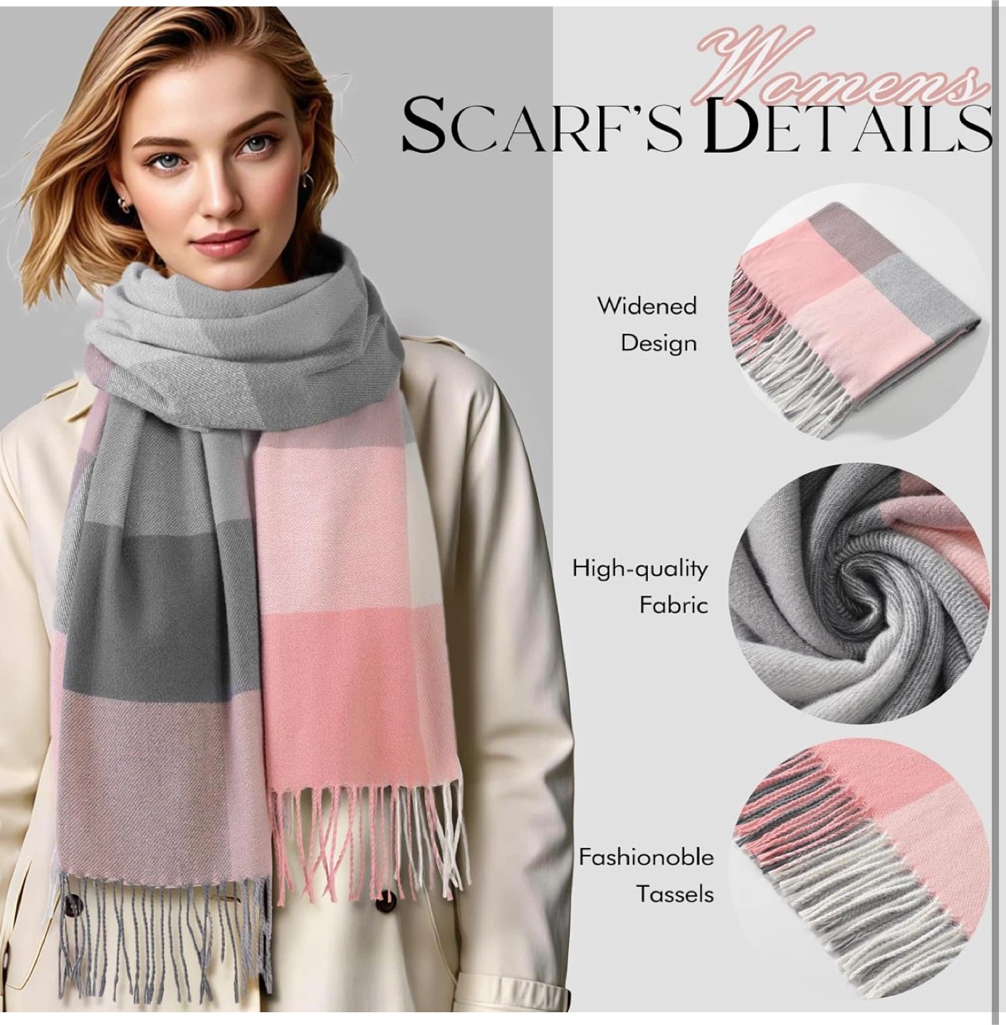 New Women's Plaid Scarf - Pink & Gray - photo 3