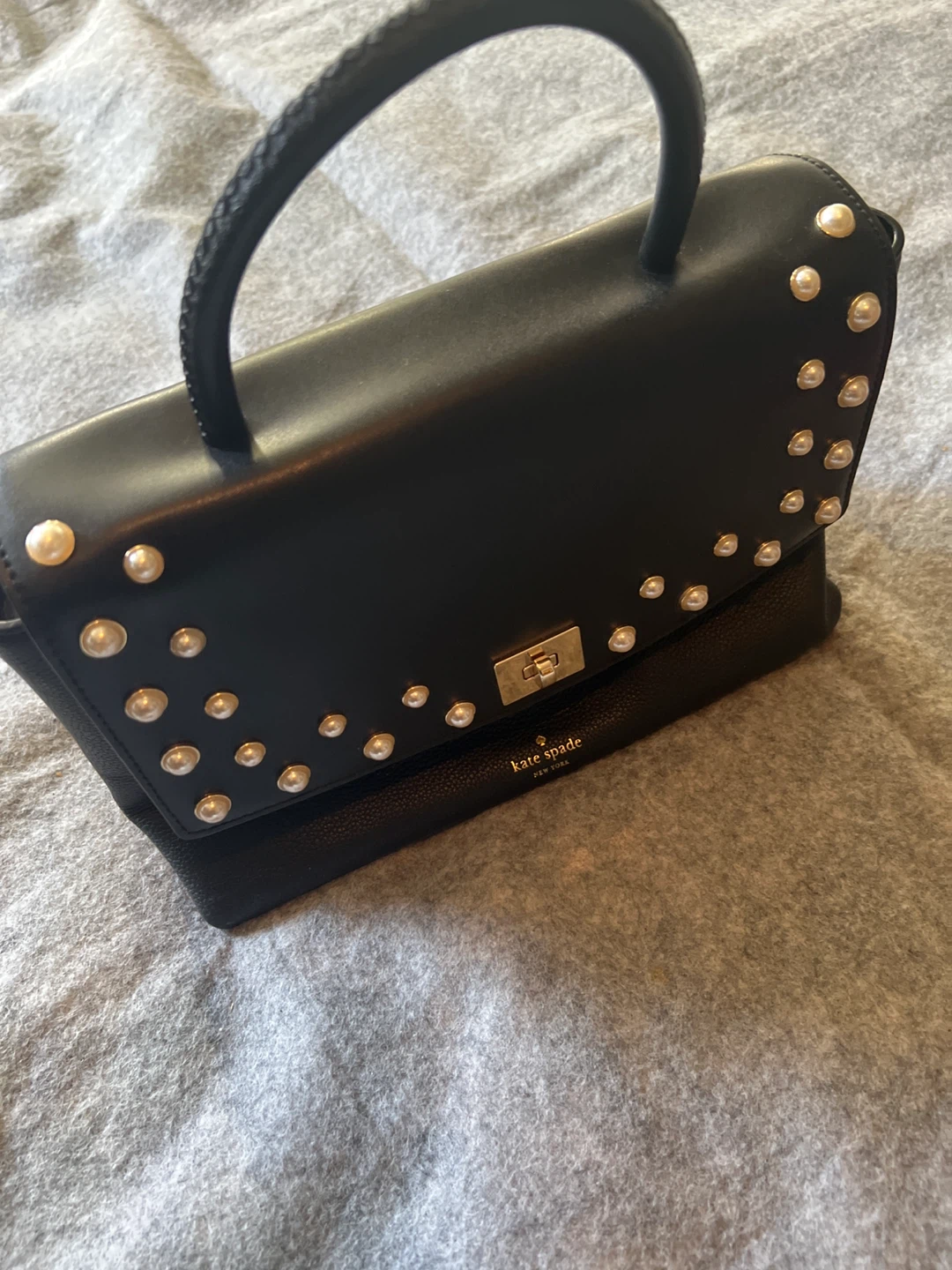 Kate Spade Black Leather Pearl Embellished Handbag