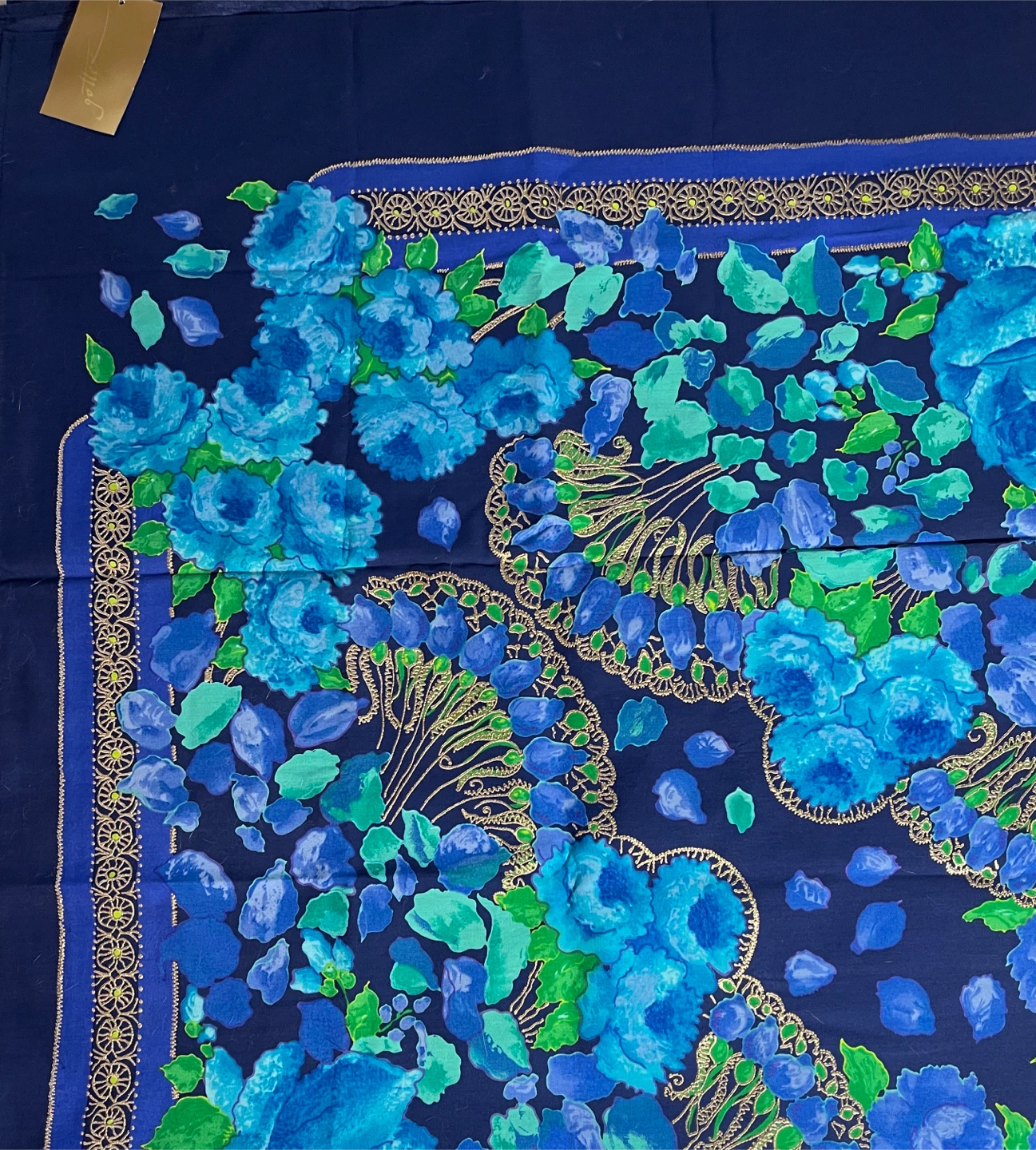 56” x52 “ Gottex Navy Blue Floral Tablecloth