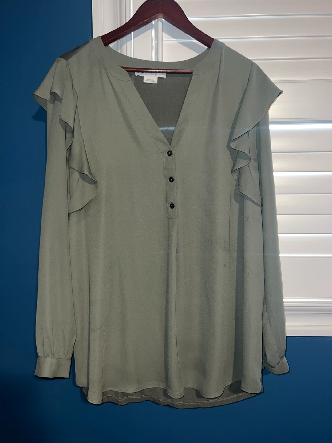 Style & Co Ruffle Sleeve Button Blouse - Olive, Size L - photo 2