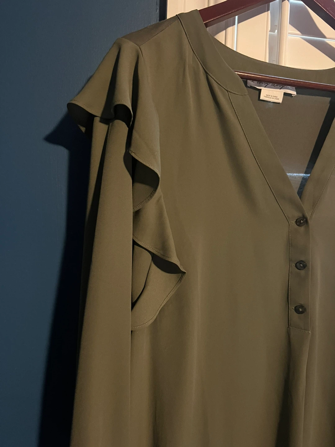 Style & Co Ruffle Sleeve Button Blouse - Olive, Size L - photo 3