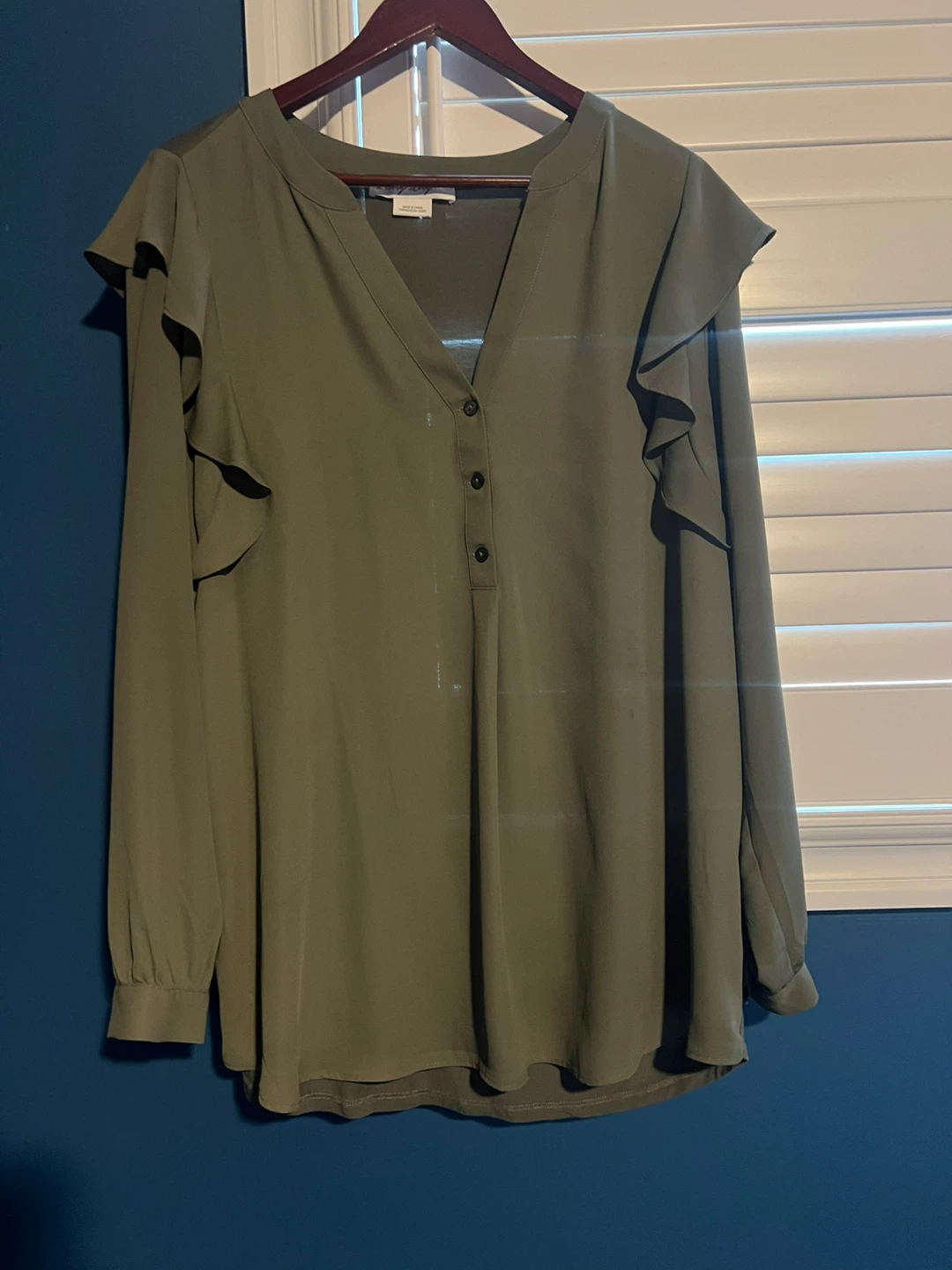 Style & Co Ruffle Sleeve Button Blouse - Olive, Size L