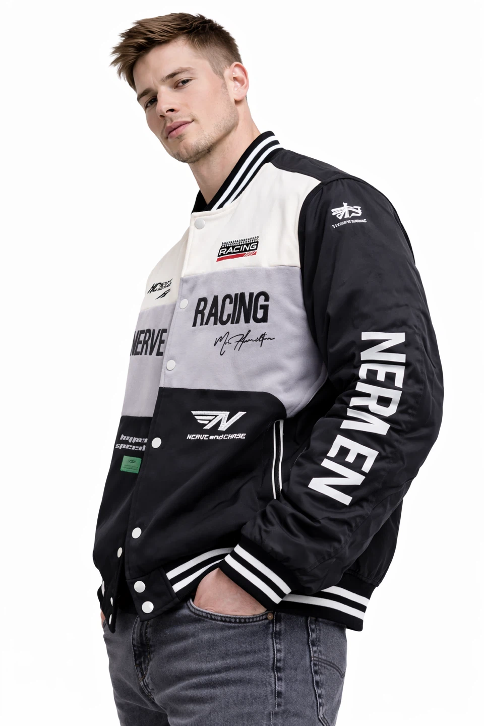 Racing Varsity Jacket Men’s 5XL Black Snap Button Bomber NEW - photo 2