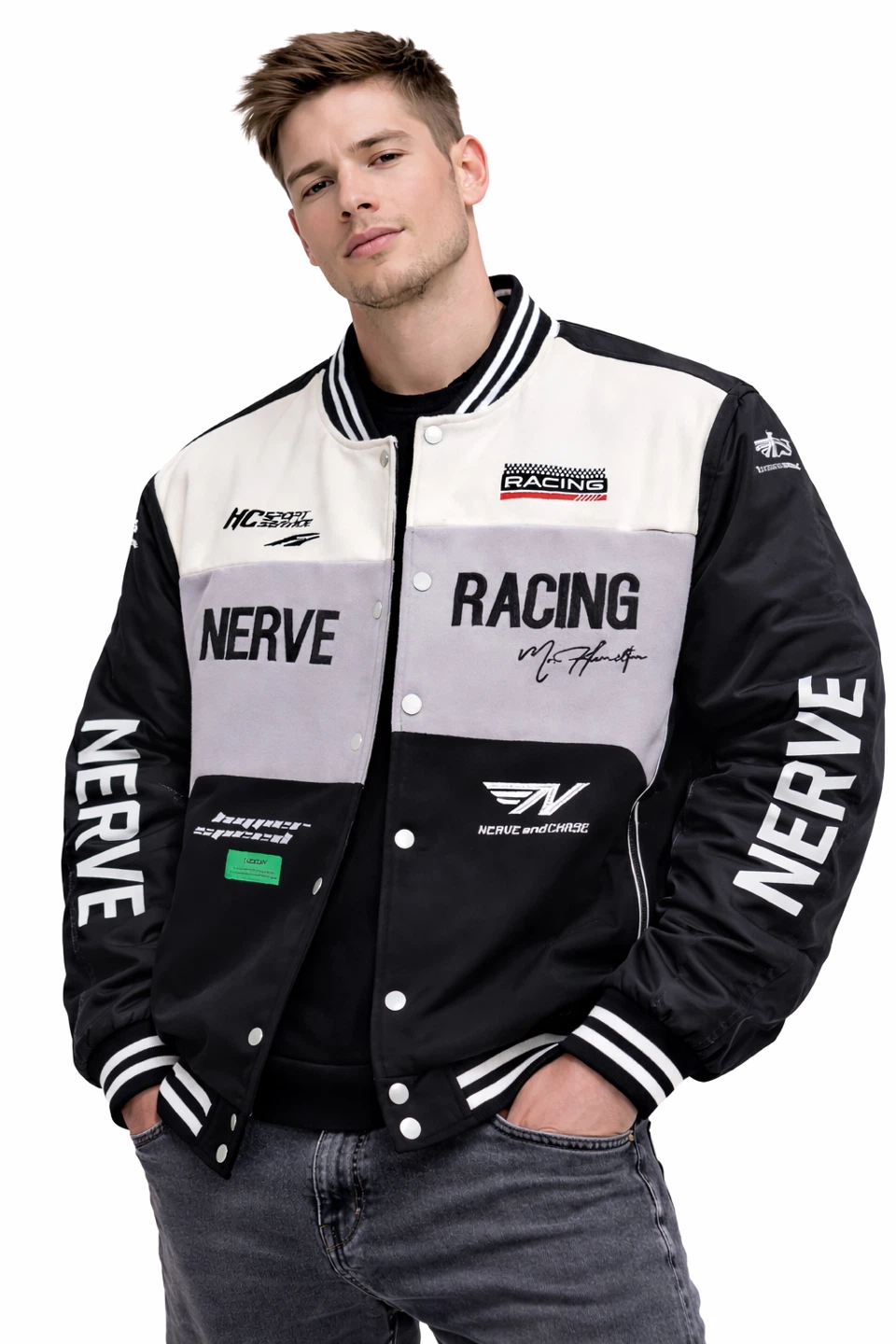 Racing Varsity Jacket Men’s 5XL Black Snap Button Bomber NEW