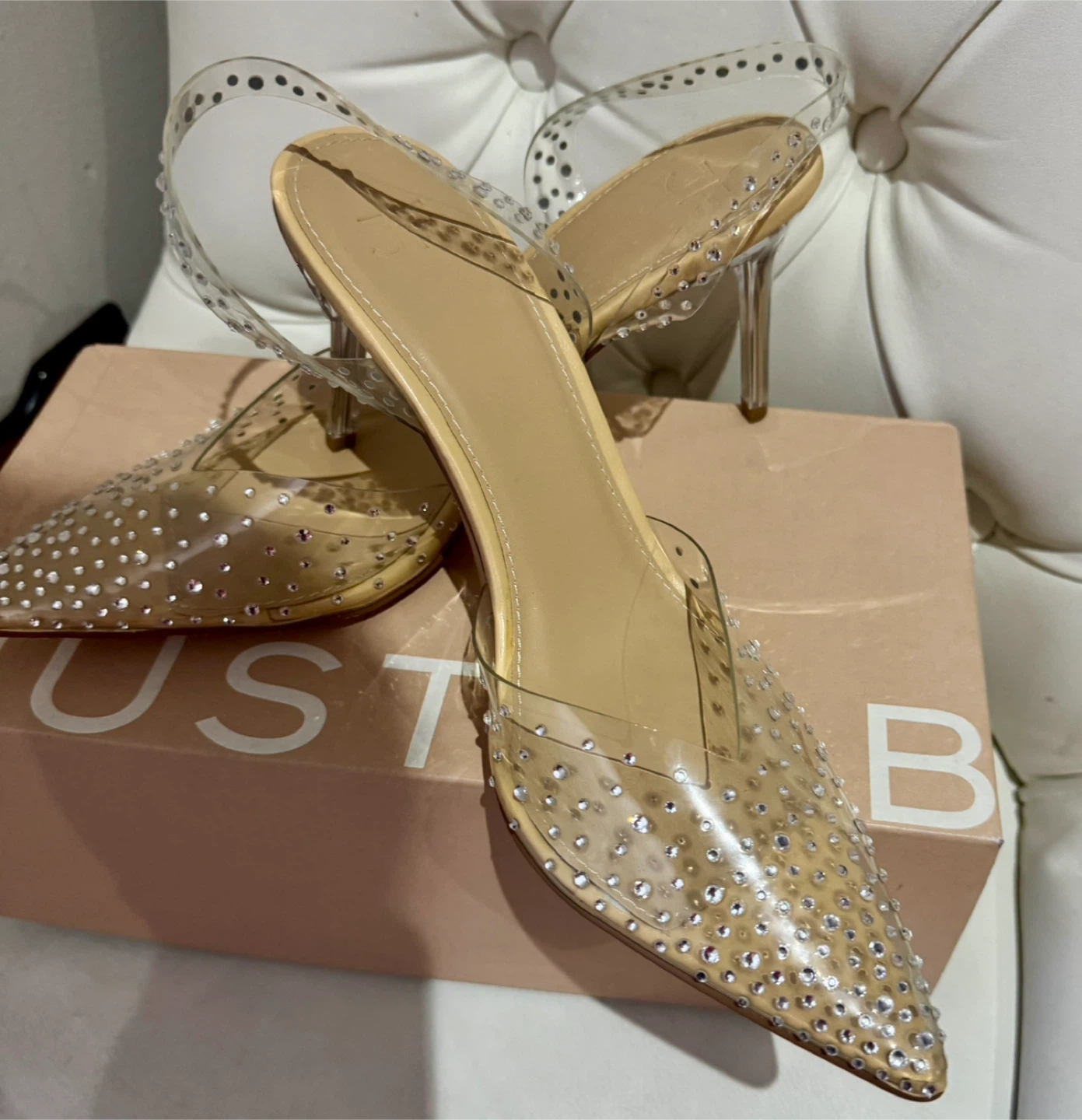 JustFab Emma Clear Embellished Pumps - Size 9.5
