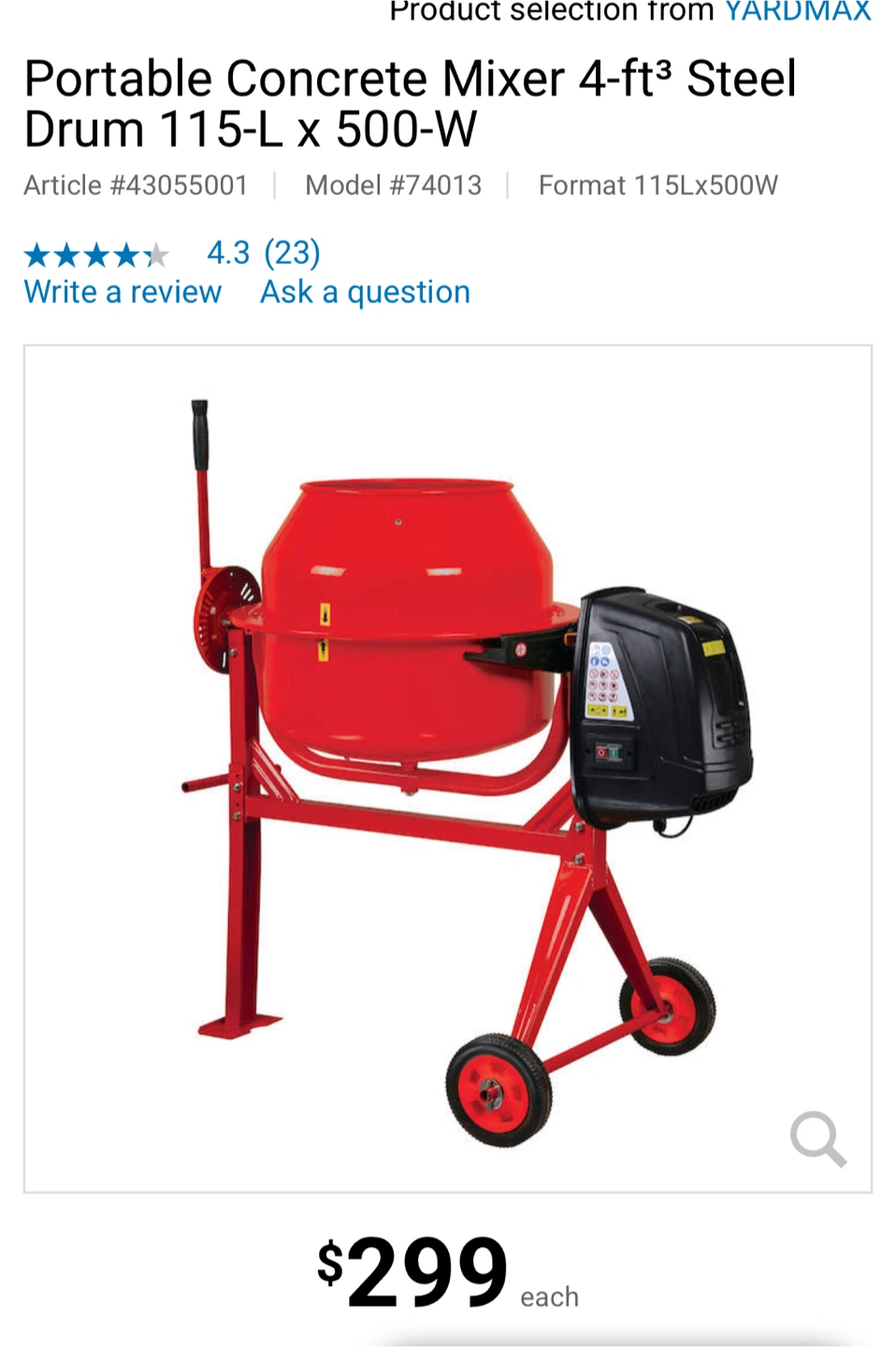 Yardmax Portable Concrete Mixer