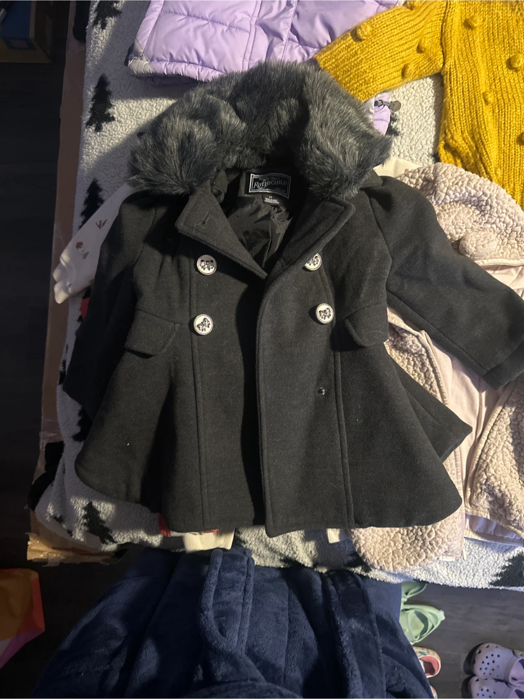Rothschild Girls' Black Faux Fur Collar Coat - Size 4
