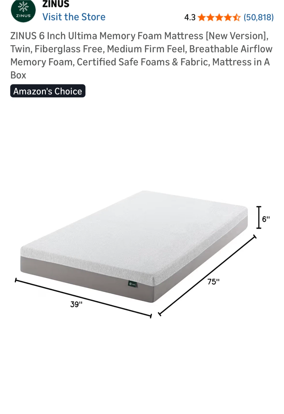 Zinus 6 Inch Ultima Memory Foam Mattress - Twin