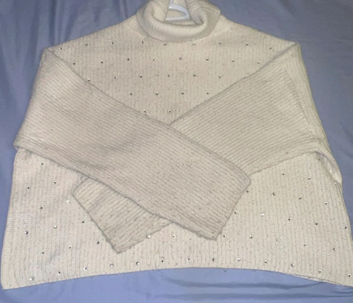 Cream Knit Turtleneck Sweater with Rhinestones