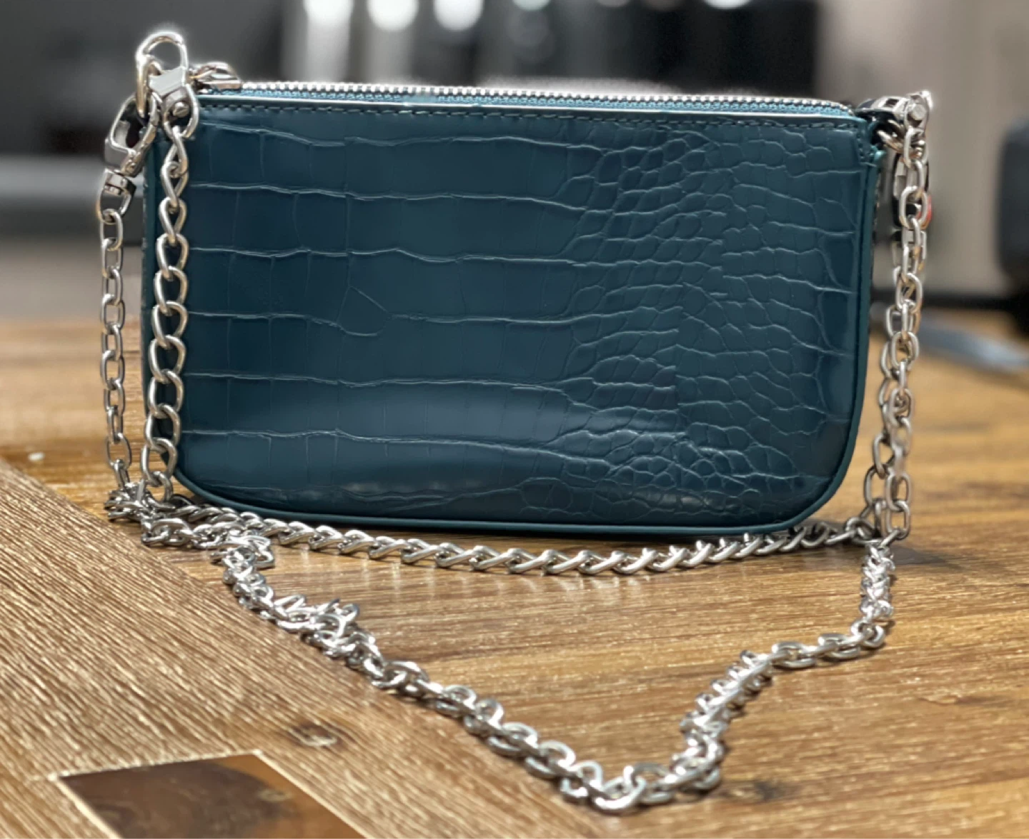 Teal Croc-Embossed Chain Bag