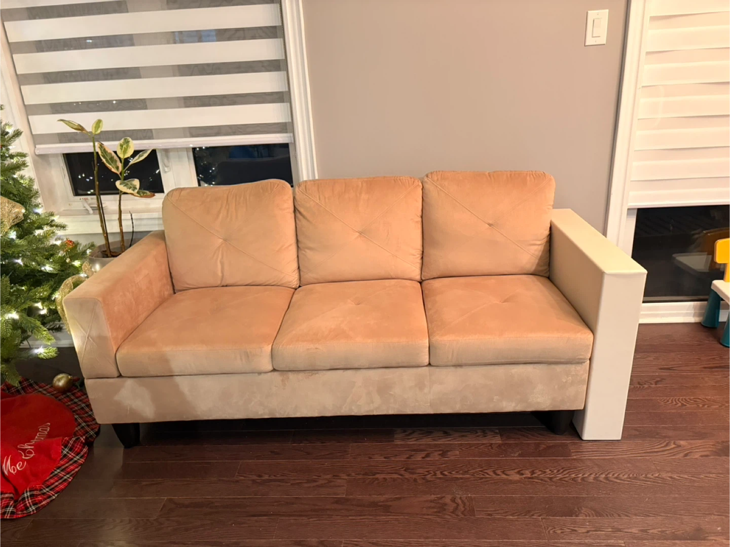 Beige 3-Seat Sofa with Side Shelf