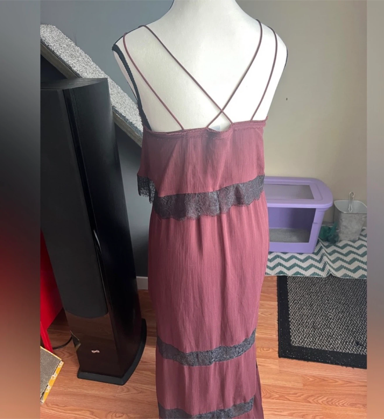 Burgundy Maxi Dress with Lace Trim - photo 5