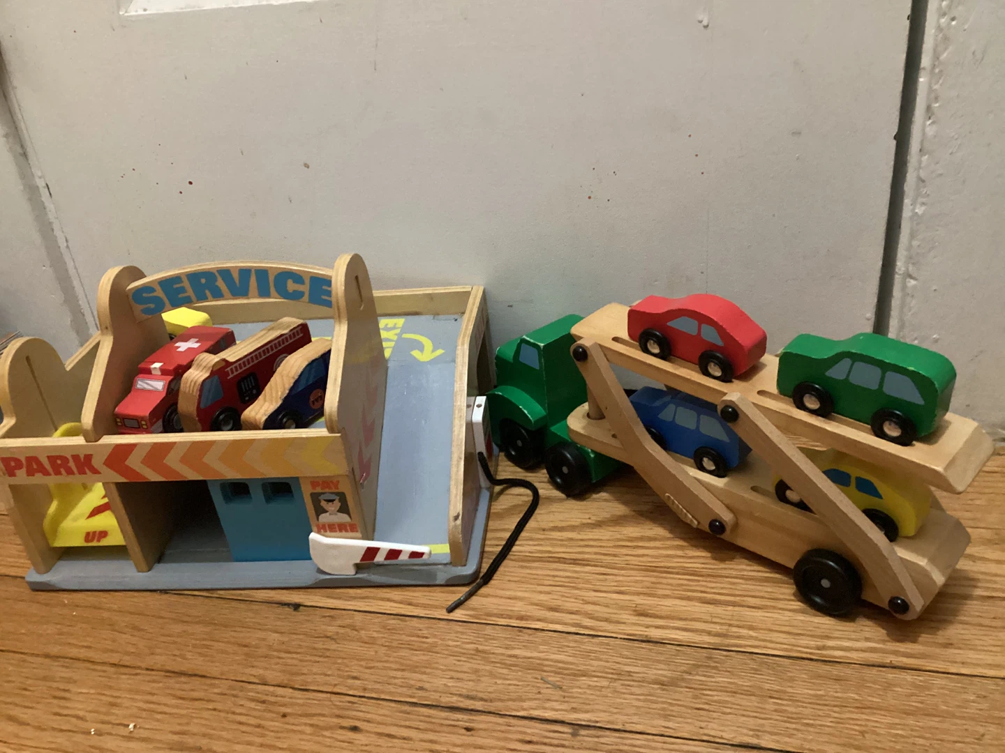 Wooden Car Wash & Car Carrier Toy Set
