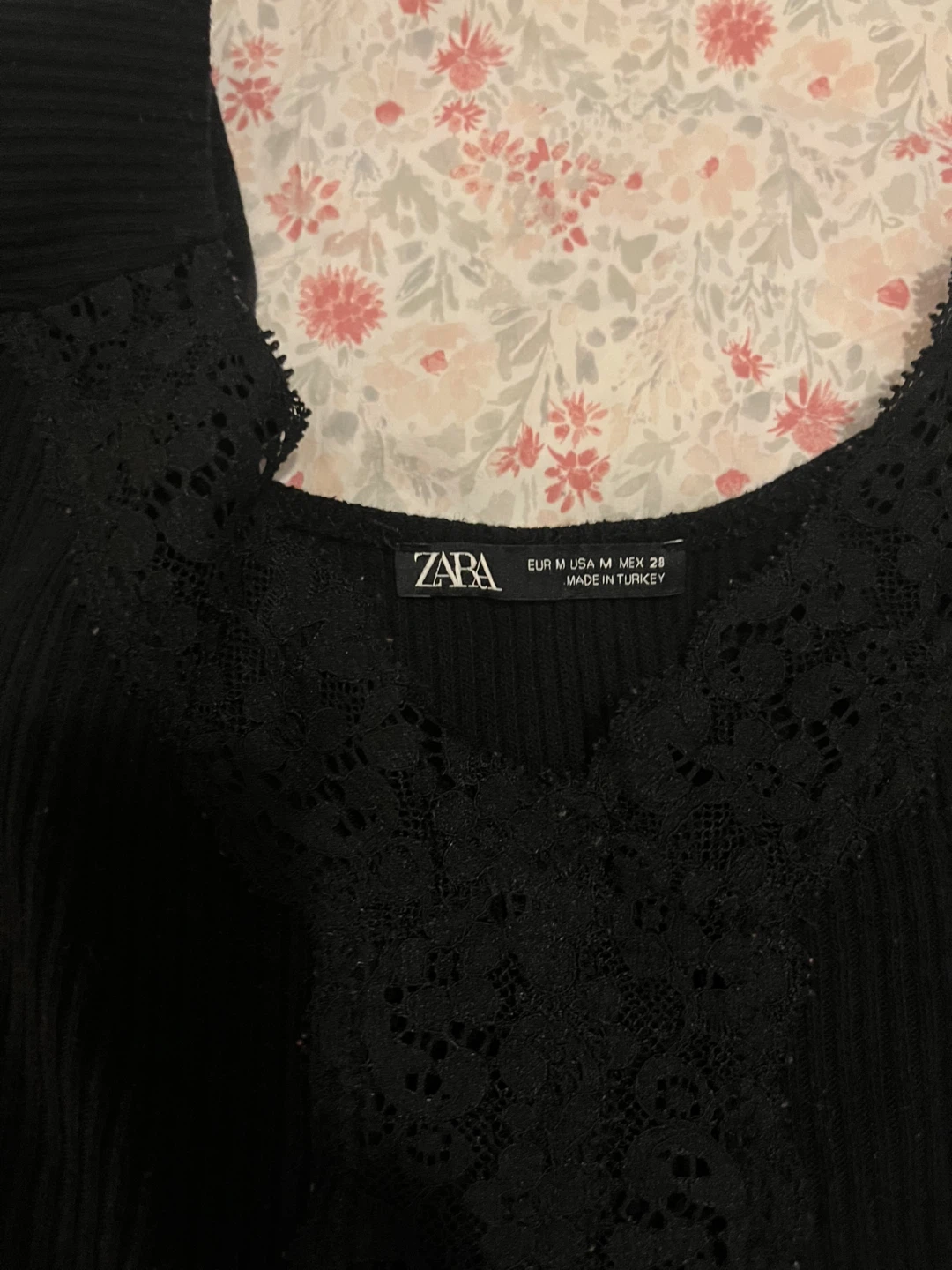Zara Black Lace Trim Long Sleeve Top - Size M