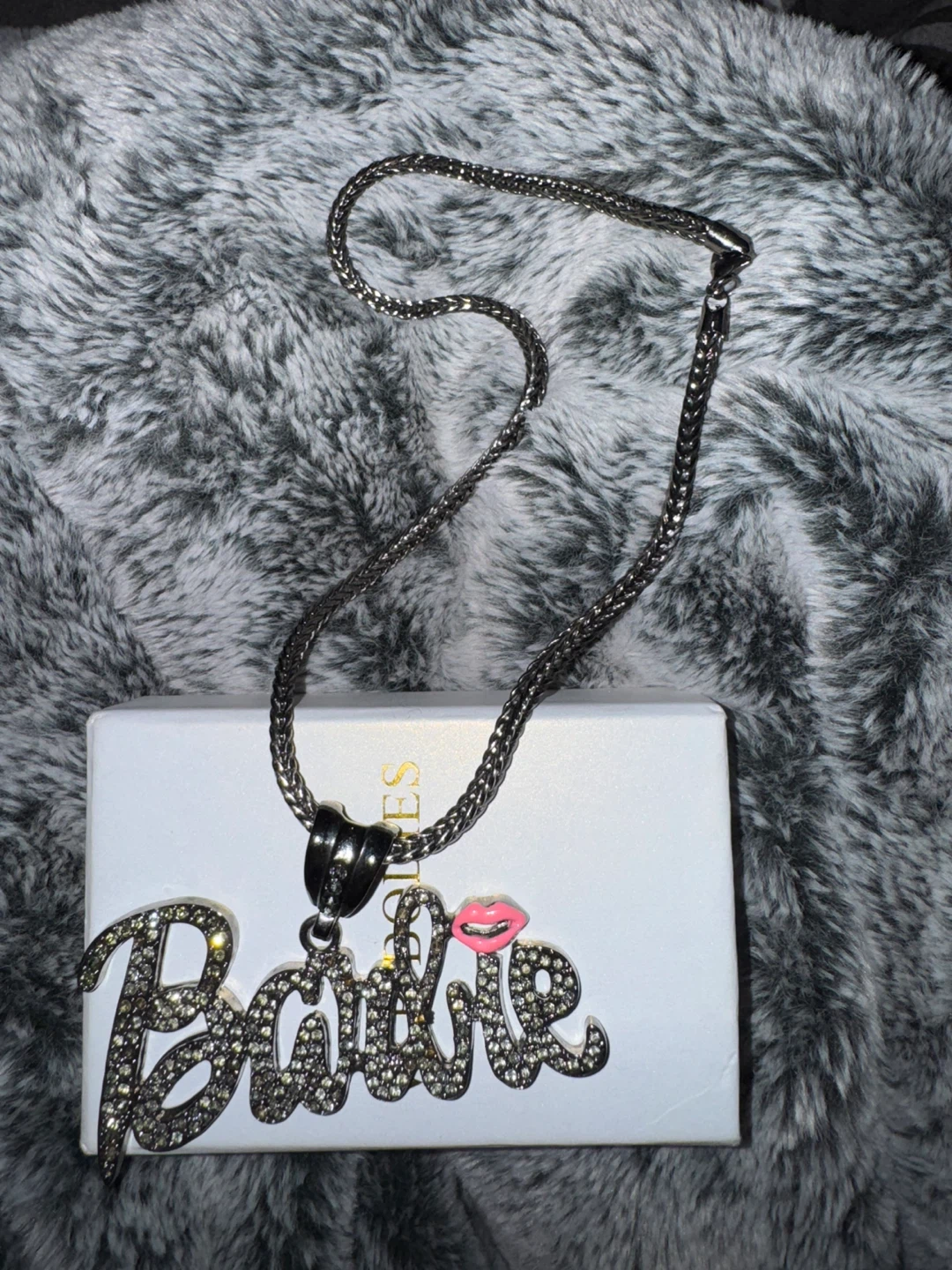 Barbie Rhinestone Pendant Necklace (Black Stainless Steel)